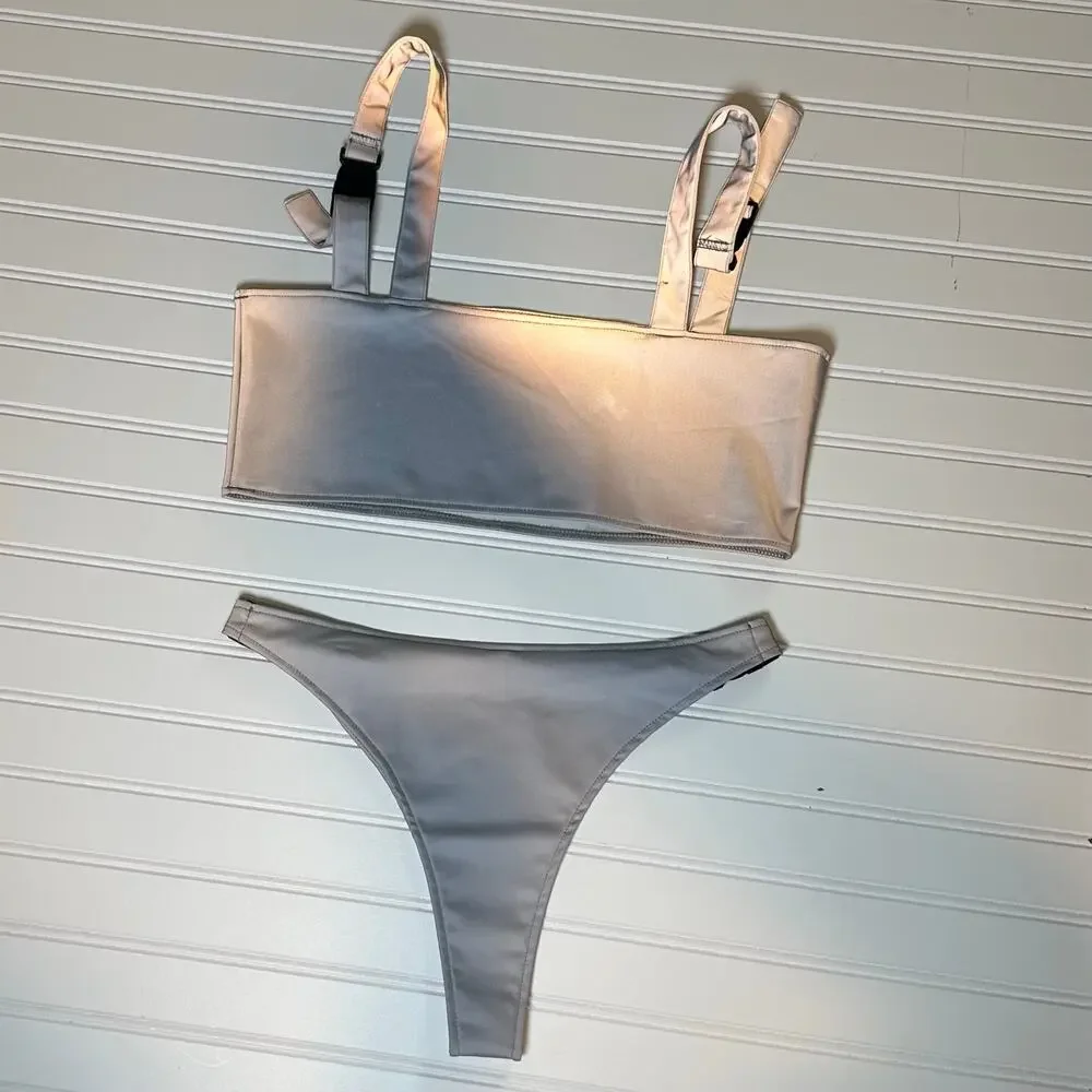 Women 2 Piece Swimsuit Reflective Silver Bikini Set Large Buckle Strap High Cut - Picture 8 of 11
